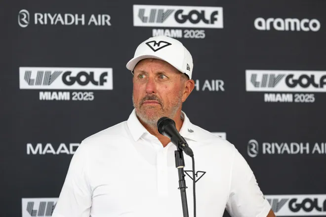 Captain Phil Mickelson of HyFlyers GC attends a press conference after the second round of LIV Golf Miami at Trump National Doral on Saturday, April 05, 2025 in Miami, Florida. (Photo by Jon Ferrey/LIV Golf)