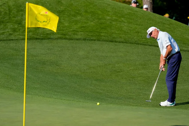 Fred Couples putts on the third green during the first round of the 2025 Masters Tournament.