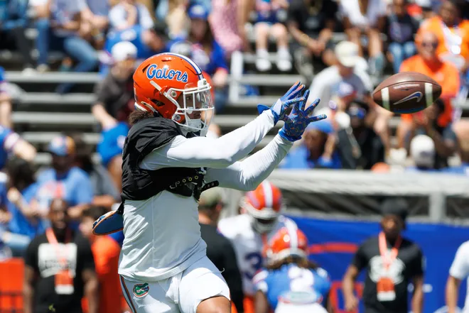 Apr 12, 2025; Gainesville, FL, USA; Florida Gators wide receiver Eugene Wilson III (3) makes a catch before the game at Ben Hill Griffin Stadium. Mandatory Credit: Matt Pendleton-Imagn Images