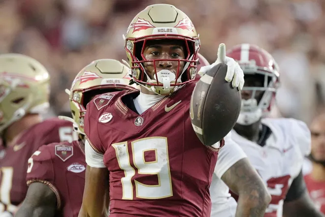 Aug 30, 2025; Tallahassee, Florida, USA; Florida State Seminoles wide receiver Micahi Danzy (19) reacts after a play against the Alabama Crimson Tide during the second half at Doak S. Campbell Stadium. Mandatory Credit: Melina Myers-Imagn Images