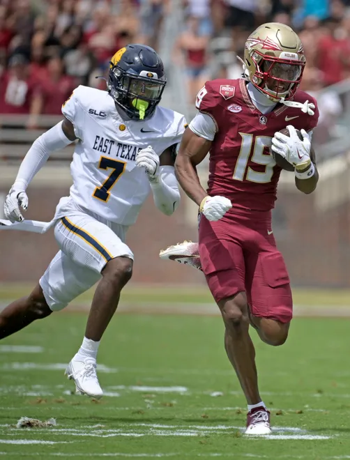 Florida State Seminoles wide receiver Micahi Danzy (19) runs the ball for a touchdown during the second half Sept. 6, 2025, against the East Texas A&M Lions at Doak S. Campbell Stadium in Tallahassee, Florida. Mandatory Credit: Melina Myers-Imagn Images