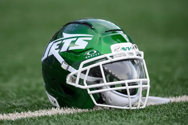 Aug 16, 2025; East Rutherford, New Jersey, USA; General view of a New York Jets helmet prior to the game against the New York Giants at MetLife Stadium. Mandatory Credit: Rich Barnes-Imagn Images