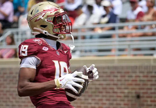 Sep 6, 2025; Tallahassee, Florida, USA; Florida State Seminoles wide receiver Micahi Danzy (19) reacts as he scores a touchdown during the second half against the East Texas A&M Lions at Doak S. Campbell Stadium. Mandatory Credit: Melina Myers-Imagn Images