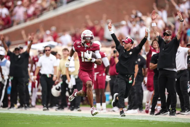 TALLAHASSEE, FLORIDA - SEPTEMBER 20: Micahi Danzy #19 of the Florida State Seminoles runs with the ball for a touchdown during the first half of a game against the Kent State Golden Flashes at Doak S. Campbell Stadium on September 20, 2025 in Tallahassee, Florida. (Photo by James Gilbert/Getty Images)