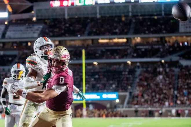 Florida State Seminoles wide receiver Duce Robinson (0) misses the ball. The Miami Hurricanes defeated the Florida State Seminoles 22-28 at Doak Campbell Stadium on Saturday, Oct. 4, 2025.