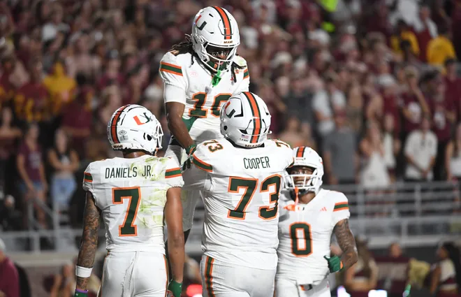 Oct 4, 2025; Tallahassee, Florida, USA; Miami Hurricanes wide receiver Malachi Toney (10) celebrates with teammates after scoring a touchdown during the second half against the Florida State Seminoles at Doak S. Campbell Stadium. Mandatory Credit: Robert Myers-Imagn Images