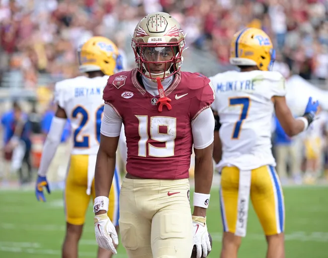 Florida State Seminoles wide receiver Micahi Danzy (19) after scoring a touchdown Oct. 11, 2025 against the Pittsburgh Panthers in the fourth quarter at Doak S. Campbell Stadium in Tallahassee, Florida. Mandatory Credit: Melina Myers-Imagn Images