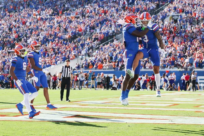 Nov 1, 2025; Jacksonville, Florida, USA; Florida Gators wide receiver Eugene Wilson III (3) celebrates after scoring a touchdown in the first quarter against the Georgia Bulldogs at EverBank Stadium. Mandatory Credit: Matt Pendleton-Imagn Images