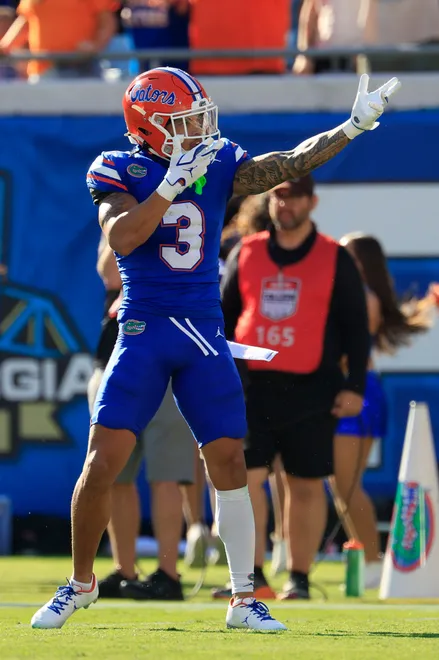 Florida Gators wide receiver Eugene Wilson III (3) signals a first down pickup during the first quarter of an NCAA football game, Saturday, Nov. 1, 2025, at EverBank Stadium in Jacksonville, Fla. [Corey Perrine/Florida Times-Union]