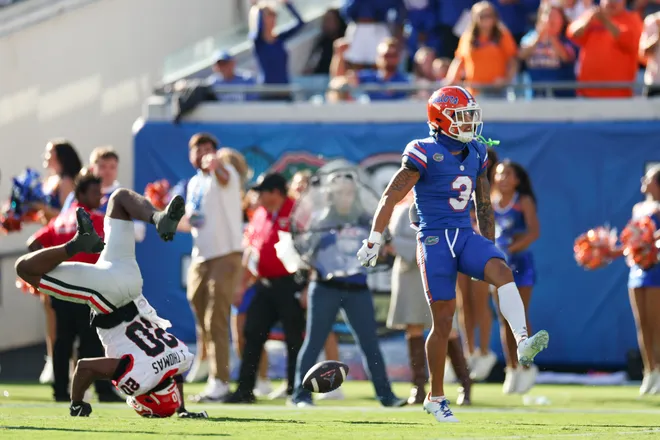 Nov 1, 2025; Jacksonville, Florida, USA; Florida Gators wide receiver Eugene Wilson III (3) reacts after a play in the first quarter against the Georgia Bulldogs at EverBank Stadium. Mandatory Credit: Matt Pendleton-Imagn Images