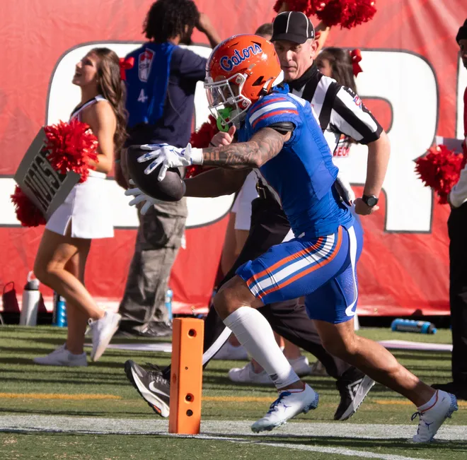 Florida Gators wide receiver Eugene Wilson III (3) scores a touchdown in the first quarter in an NCAA football game, Saturday, Nov. 1, 2025, at EverBank Stadium in Jacksonville, Fla. [Doug Engle/Florida Times-Union]