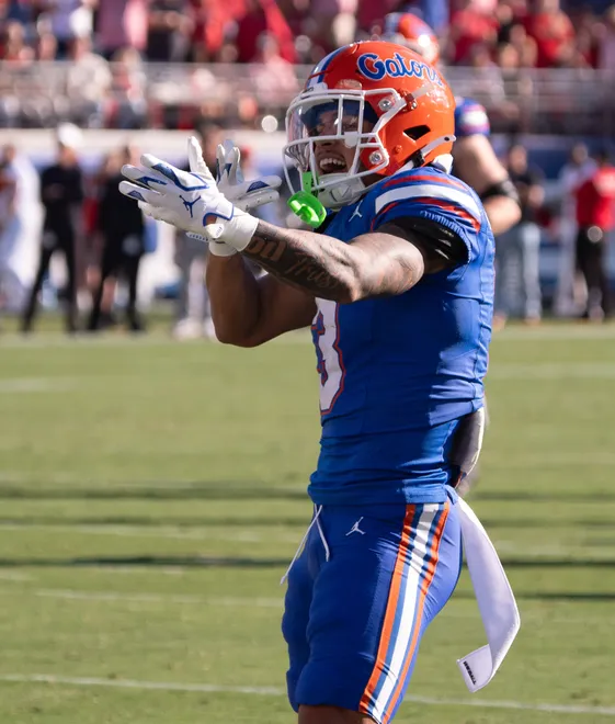 Florida Gators wide receiver Eugene Wilson III (3) celebrates his reception in the first quarter in an NCAA football game, Saturday, Nov. 1, 2025, at EverBank Stadium in Jacksonville, Fla.[Doug Engle/Florida Times-Union]