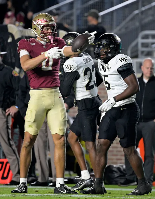 Nov 1, 2025; Tallahassee, Florida, USA; Florida State Seminoles wide receiver Duce Robinson (0) celebrates a pass catch during the second half against the Wake Forest Demon Deacons at Doak S. Campbell Stadium. Mandatory Credit: Melina Myers-Imagn Images
