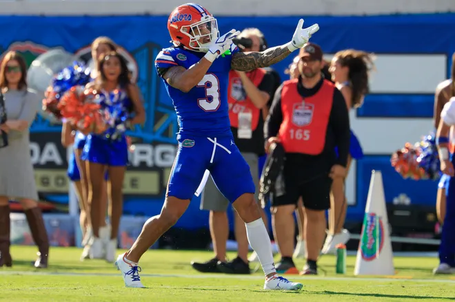 Florida Gators wide receiver Eugene Wilson III (3) reacts to a first down pickup during the first quarter of an NCAA football game, Saturday, Nov. 1, 2025, at EverBank Stadium in Jacksonville, Fla. Georgia held off Florida 24-20. [Corey Perrine/Florida Times-Union]
