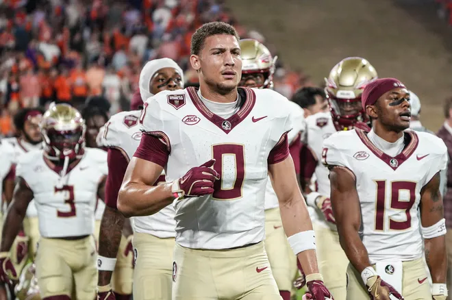 Florida State University receiver Duce Robinson (0)before kickoff at Memorial Stadium in Clemson Saturday, November 8, 2025.