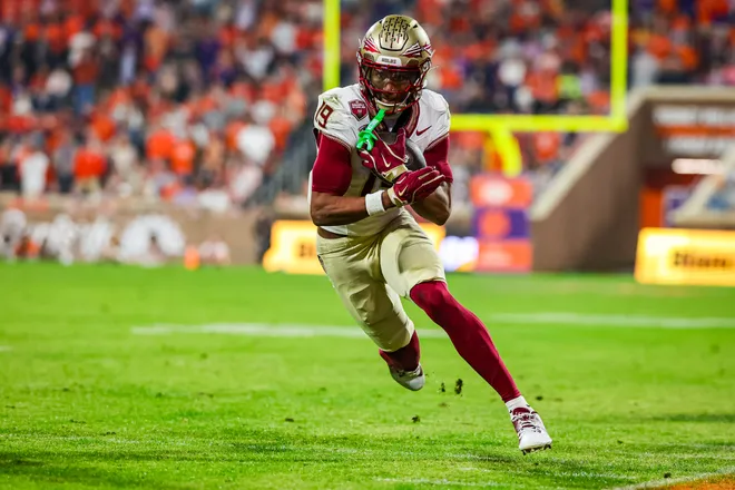 Micahi Danzy of the Florida State Seminoles runs the ball during the second half of a football game against the Clemson Tigers at Memorial Stadium on November 8, 2025 in Clemson, South Carolina. (Photo by David Jensen/Getty Images)