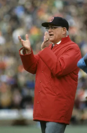 Ohio State Buckeyes head coach Woody Hayes on the sidelines against the Michigan Wolverines at Michigan Stadium. Michigan beat Ohio State 14-6 in 1977.