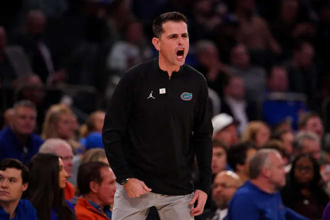 NEW YORK, NEW YORK - DECEMBER 09: Head coach Todd Golden of the Florida Gators instructs his team against the UConn Huskies in the first half at Madison Square Garden on December 09, 2025 in New York City. (Photo by Evan Bernstein/Getty Images)