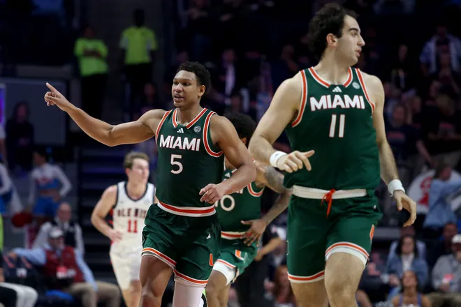 Dec 2, 2025; Oxford, Mississippi, USA; Miami Hurricanes forward Malik Reneau (5) reacts during the second half against the Mississippi Rebels at The Sandy and John Black Pavilion at Ole Miss. Mandatory Credit: Petre Thomas-Imagn Images