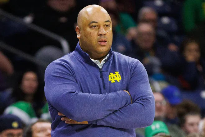 Notre Dame head coach Micah Shrewsberry looks on during a NCAA men's basketball game against Evansville at Purcell Pavilion on Saturday, Dec. 13, 2025, in South Bend.
