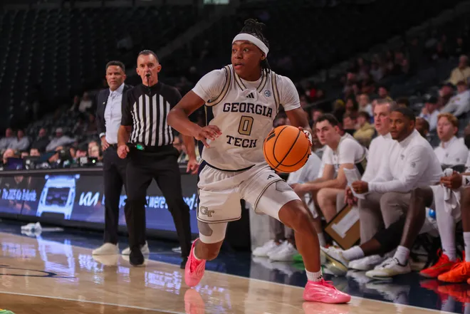 Dec 3, 2025; Atlanta, Georgia, USA; Georgia Tech Yellow Jackets guard Akai Fleming (0) drives to the basket against the Mississippi State Bulldogs in the second half at McCamish Pavilion. Mandatory Credit: Brett Davis-Imagn Images
