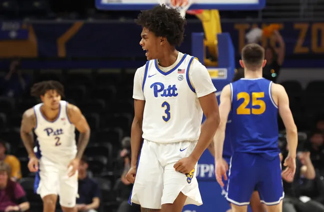 Dec 7, 2025; Pittsburgh, Pennsylvania, USA; Pittsburgh Panthers guard Brandin Cummings (3) reacts after making a three point basket against the Hofstra Pride during the second half at the Petersen Events Center. Mandatory Credit: Charles LeClaire-Imagn Images