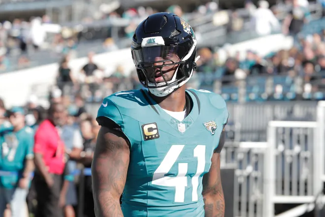 Dec 14, 2025; Jacksonville, Florida, USA; Jacksonville Jaguars defensive end Josh Hines-Allen (41) before the game against the New York Jets at EverBank Stadium. Mandatory Credit: Travis Register-Imagn Images