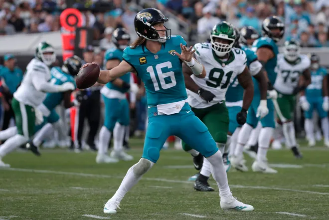 Dec 14, 2025; Jacksonville, Florida, USA; Jacksonville Jaguars quarterback Trevor Lawrence (16) throws the ball during the third quarter against the New York Jets at EverBank Stadium. Mandatory Credit: Travis Register-Imagn Images