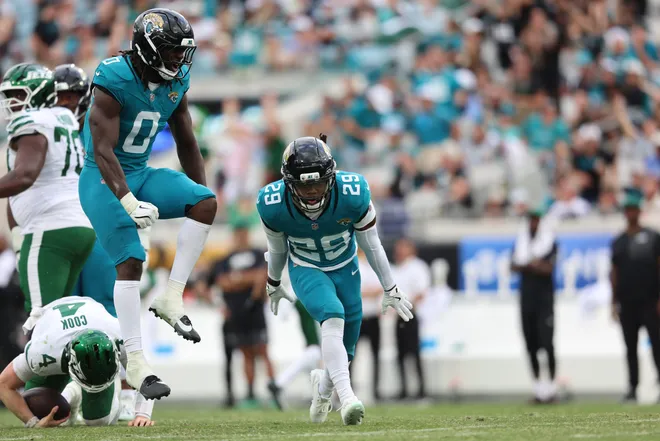 Dec 14, 2025; Jacksonville, Florida, USA; Jacksonville Jaguars safety Eric Murray (29) and linebacker Devin Lloyd (0) react during the fourth quarter against the New York Jets at EverBank Stadium. Mandatory Credit: Morgan Tencza-Imagn Images