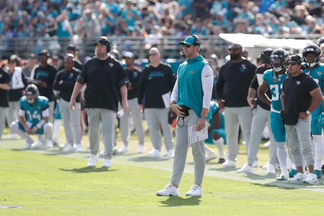 Dec 14, 2025; Jacksonville, Florida, USA; Jacksonville Jaguars head coach Liam Coen during the second quarter against the New York Jets at EverBank Stadium. Mandatory Credit: Travis Register-Imagn Images