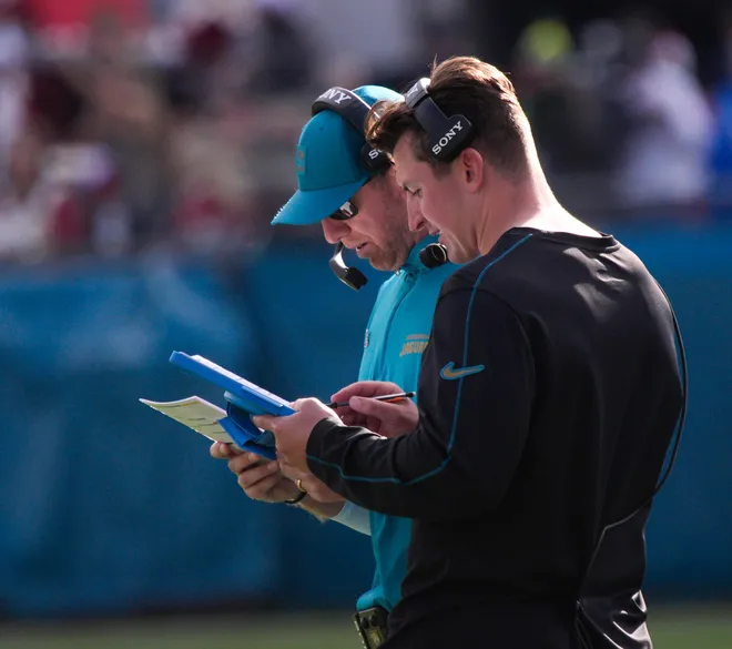 Jacksonville Jaguars head coach Liam Coen and Jacksonville Jaguars offensive coordinator Grant Udinski talk during the second quarter during an NFL football game at EverBank Stadium, Sunday, Dec. 14, 2025, in Jacksonville, Fla. [Doug Engle/Florida Times-Union]
