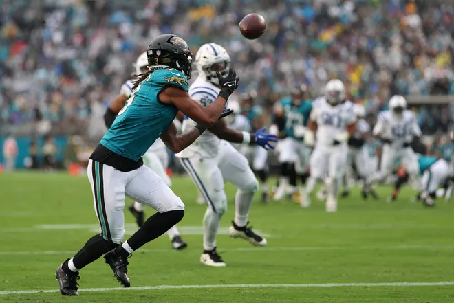 Dec 7, 2025; Jacksonville, Florida, USA; Jacksonville Jaguars wide receiver Jakobi Meyers (3) makes a touchdown catch against the Indianapolis Colts during the first half at EverBank Stadium. Mandatory Credit: Matt Pendleton-Imagn Images