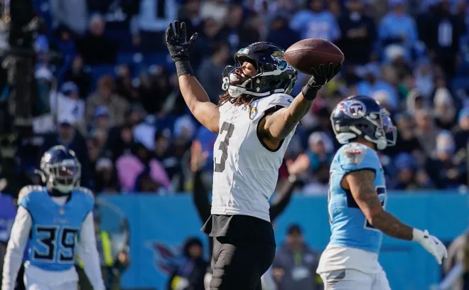 Jacksonville Jaguars wide receiver Jakobi Meyers (3) celebrates his touchdown during the first quarter against the Tennessee Titans at Nissan Stadium in Nashville, Tenn., Sunday, Nov. 30, 2025.