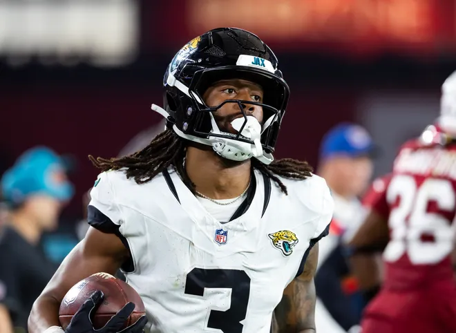 Nov 23, 2025; Glendale, Arizona, USA; Jacksonville Jaguars wide receiver Jakobi Meyers (3) against the Arizona Cardinals at State Farm Stadium. Mandatory Credit: Mark J. Rebilas-Imagn Images