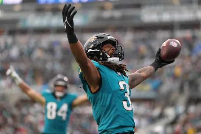 Dec 7, 2025; Jacksonville, Florida, USA; Jacksonville Jaguars wide receiver Jakobi Meyers (3) reacts after scoring a touchdown against the Indianapolis Colts during the first half at EverBank Stadium. Mandatory Credit: Matt Pendleton-Imagn Images