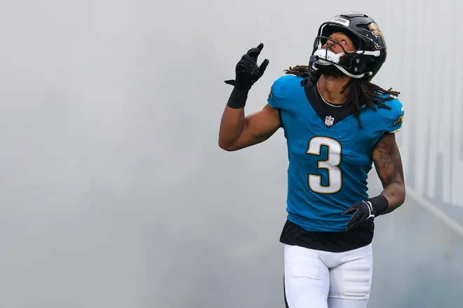 Jacksonville Jaguars wide receiver Jakobi Meyers (3) is introduced before an NFL football game at EverBank Stadium, Sunday, Dec. 7, 2025, in Jacksonville, Fla. The Jaguars defeated the Colts 36-19.