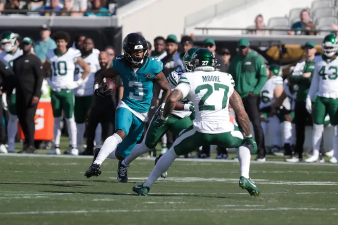 Dec 14, 2025; Jacksonville, Florida, USA; Jacksonville Jaguars wide receiver Jakobi Meyers (3) carries the ball during the first quarter against the New York Jets at EverBank Stadium. Mandatory Credit: Travis Register-Imagn Images
