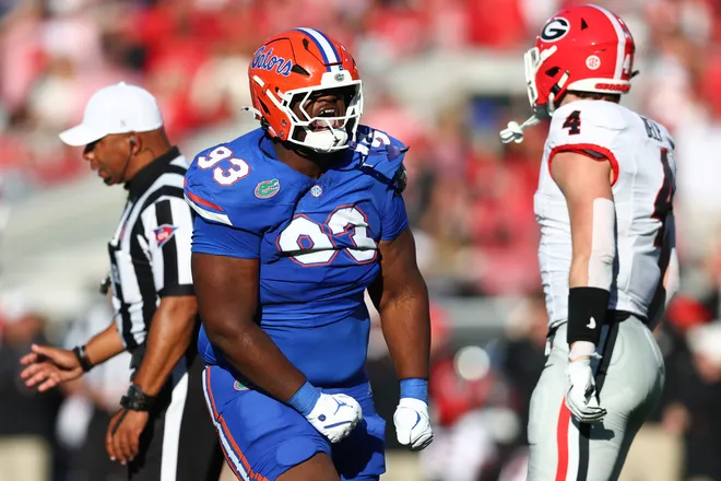 Michai Boireau of the Florida Gators celebrates after a play against the Georgia Bulldogs