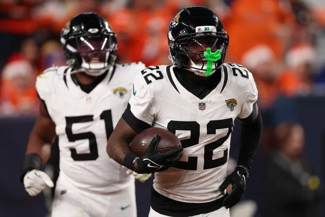 DENVER, COLORADO - DECEMBER 21: Jarrian Jones #22 of the Jacksonville Jaguars celebrates after a fourth quarter interception against the Denver Broncos at Empower Field At Mile High on December 21, 2025 in Denver, Colorado. (Photo by Matthew Stockman/Getty Images)