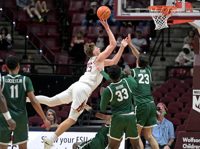 Dec 22, 2025; Tallahassee, Florida, USA; Florida State Seminoles forward Alex Steen (25) shoots the ball during the second half against the Jacksonville University Dolphins at Donald L. Tucker Center. Mandatory Credit: Melina Myers-Imagn Images