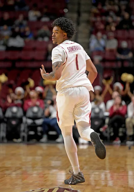 Dec 22, 2025; Tallahassee, Florida, USA; Florida State Seminoles guard Martin Somerville (1) reacts to making a three point shot during the first half against the Jacksonville University Dolphins at Donald L. Tucker Center. Mandatory Credit: Melina Myers-Imagn Images