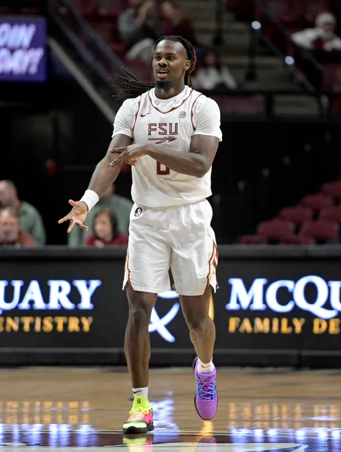 Dec 22, 2025; Tallahassee, Florida, USA; Florida State Seminoles guard Robert McCray (6) reacts to a three point shot against the Jacksonville University Dolphins in the first half at Donald L. Tucker Center. Mandatory Credit: Melina Myers-Imagn Images
