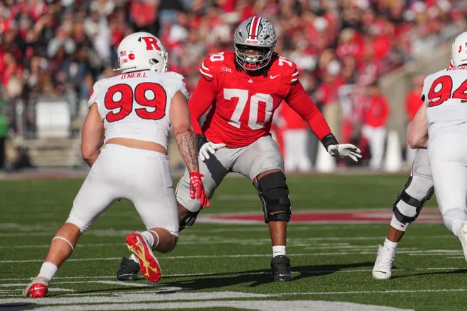 COLUMBUS, OHIO - NOVEMBER 22: Offensive lineman Phillip Daniels #70 of the Ohio State Buckeyes seen in action during the game against the Rutgers Scarlet Knights at Ohio Stadium on November 22, 2025 in Columbus, Ohio. (Photo by Jason Mowry/Getty Images)