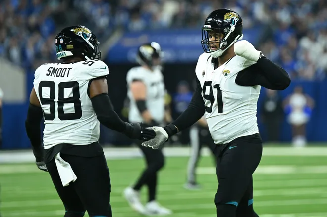 Dec 28, 2025; Indianapolis, Indiana, USA; Jacksonville Jaguars defensive tackle Arik Armstead (91) and defensive end Dawuane Smoot (98) react after a play during the second half against the Indianapolis Colts at Lucas Oil Stadium. Mandatory Credit: Robert Goddin-Imagn Images