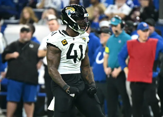 Dec 28, 2025; Indianapolis, Indiana, USA; Jacksonville Jaguars defensive end Josh Hines-Allen (41) reacts after a play during the second half against the Indianapolis Colts at Lucas Oil Stadium. Mandatory Credit: Robert Goddin-Imagn Images
