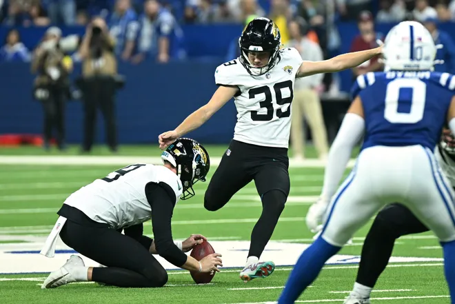 Dec 28, 2025; Indianapolis, Indiana, USA; Jacksonville Jaguars place kicker Cam Little (39) kicks a field goal in the second half against the Indianapolis Colts at Lucas Oil Stadium. Mandatory Credit: Robert Goddin-Imagn Images
