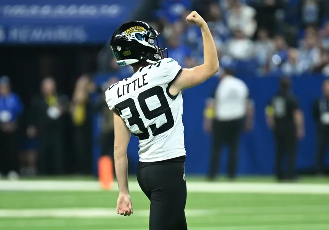 Dec 28, 2025; Indianapolis, Indiana, USA; Jacksonville Jaguars place kicker Cam Little (39) reacts after a field goal in the second half against the Indianapolis Colts at Lucas Oil Stadium. Mandatory Credit: Robert Goddin-Imagn Images
