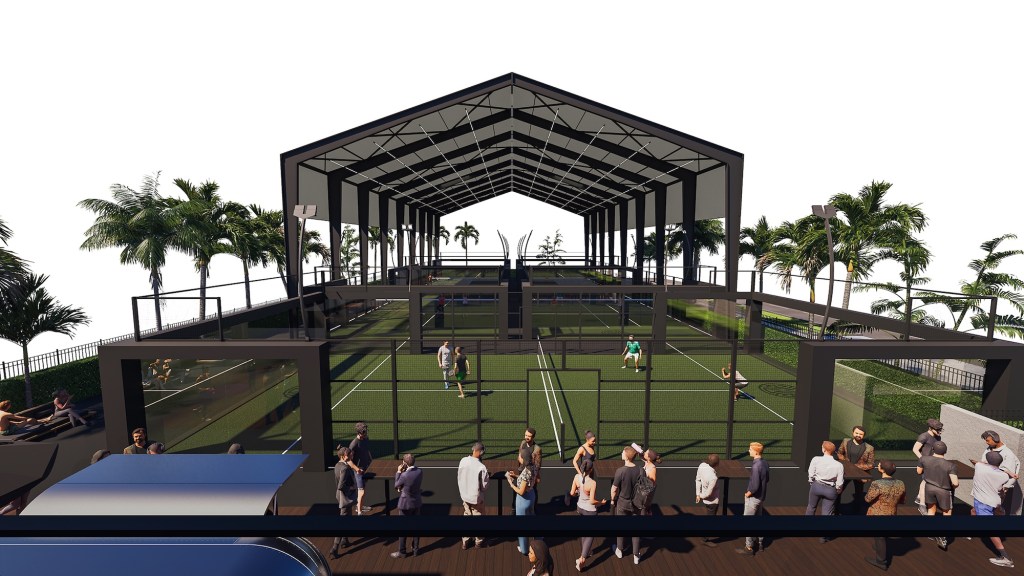 rendering of a padel court underneath a large tent