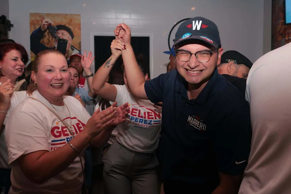 William “Willy” Marrero celebrates with supporters and friends after winning the Group 4 seat of the Hialeah City Council runoff election on Tuesday, Dec. 9, 2025, at Trigo Cafe Tapas Wine at 839 W 49th St. in Hialeah, Fla. 
