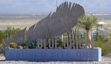 FILE — The entrance to the Blue Origin launch site near Van Horn, Texas, Monday, Oct. 11, 2021. (AP Photo/LM Otero, file)